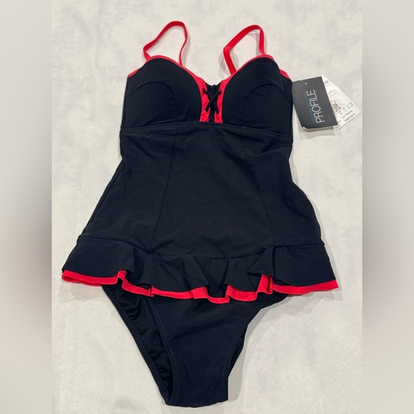 Gottex Other - Profile by Gottex One-Piece Swimsuit Black Pink Lace-Up Ruffle NWT Size 6